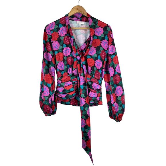 Ronny Kobo NWT Eden Floral Top Size S Chiffon Neck Tie Button Cuff Pleated Waist - Picture 3 of 13